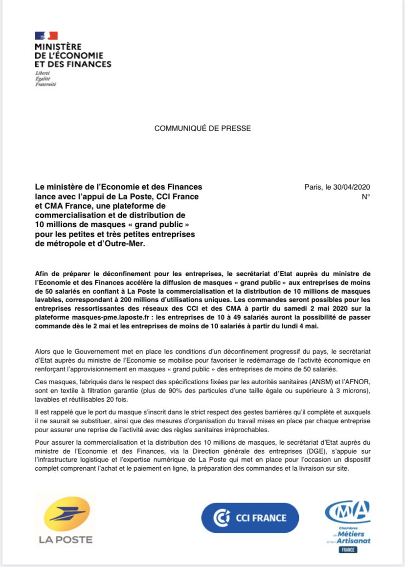 CDA2B's tweet photo. Le @Economie_Gouv a confié à La Poste la commercialisation et la distribution de 10 millions de masques de protection « grand public » pour les petites et très petites entreprises de métropole et d’Outre-Mer.

Lien internet vers la plateforme : https://t.co/UvwpSGMWz8

 #cda2b https://t.co/B2DJg3bddi