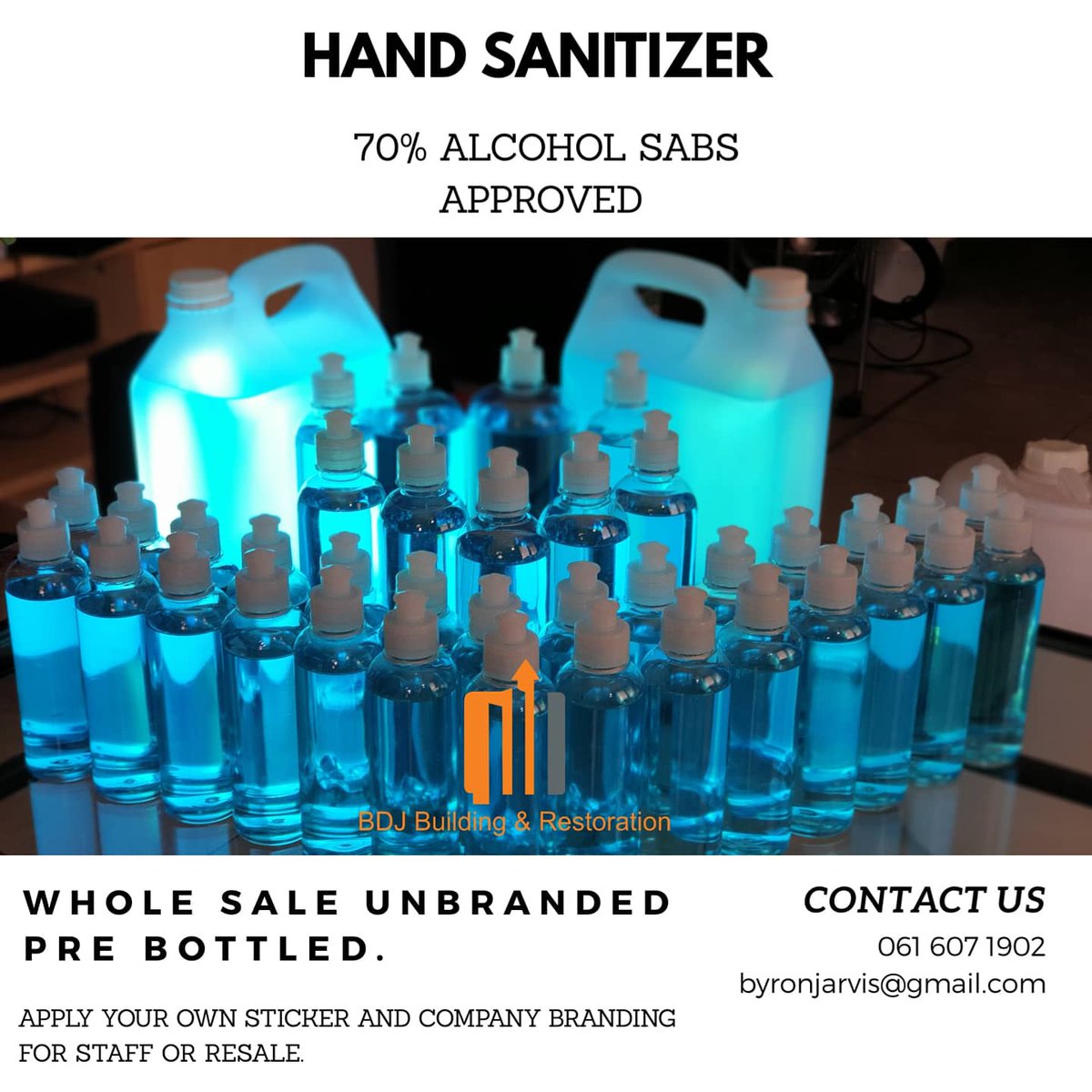 BdjBuilding's tweet image. Need sanitizer for your staff ? Our hand Sanitizers come unbranded ready for you to put your company stickers on for staff or resale. Our prices are really good.