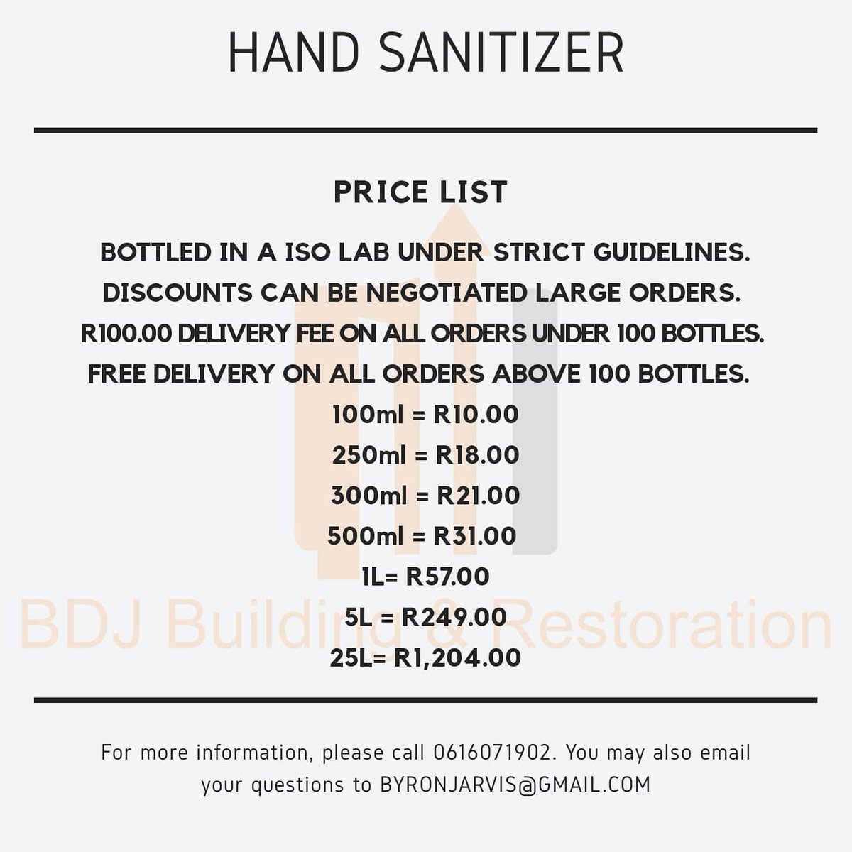 BdjBuilding's tweet image. Need sanitizer for your staff ? Our hand Sanitizers come unbranded ready for you to put your company stickers on for staff or resale. Our prices are really good.