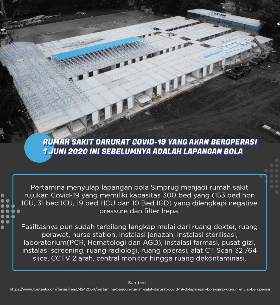 SPECIALNR1004's tweet photo. Setelah Rumah Sakit Pertamina Jaya resmi beroperasi menangani pasien Covid-19,
Pertamina melanjutkan dedikasi, merubah lapangan bola Simprug menjadi RS Darurat
Covid-19. Lanjutkan pertamina! https://t.co/YJPoGYWJbW #RSMODULAR https://t.co/MEmEbGCfex