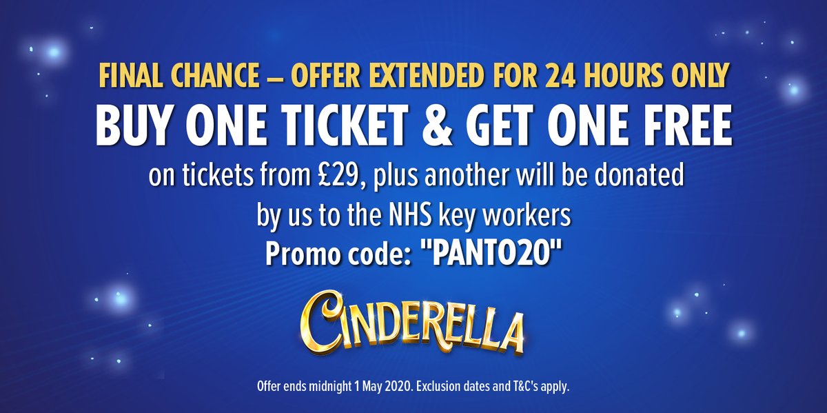📣OFFER EXTENDED 📣
As a Friday treat we're giving you 24 extra hours to get your hands on buy one get one free tickets. For every purchase we will also donate a ticket to NHS key workers 💙

wintergardensblackpool.co.uk/whats-on/cinde…