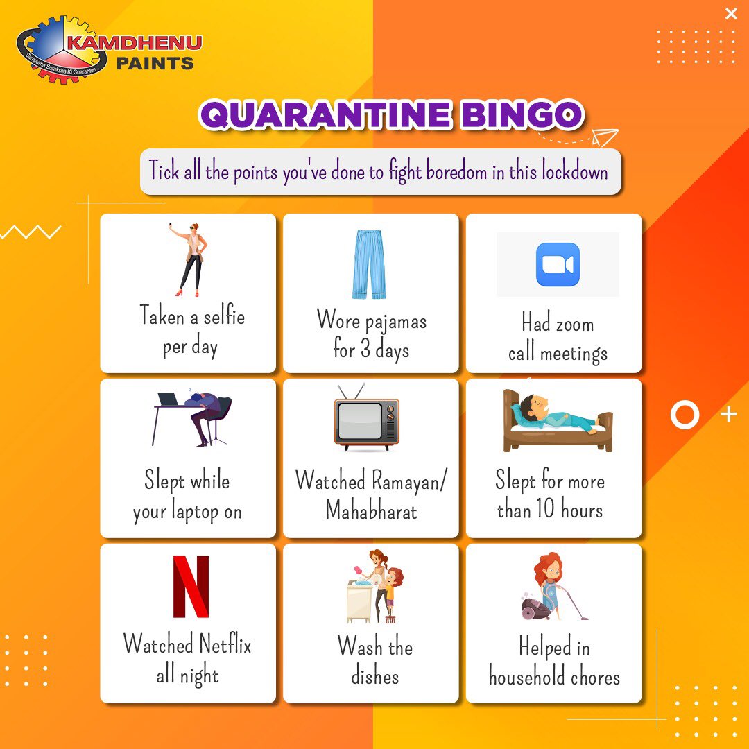 KamdhenuPaints's tweet photo. Quarantine got us doing some new things each day, we are guilty of doing them all. How many of these are you going to check?
Tick and share with us!
#kamdhenupaints #beautifulwalls #wallshine #house #home #homedecor #wallpaint #homepainting #decorateyourhome #housepaint https://t.co/I1jLU3Yhvh