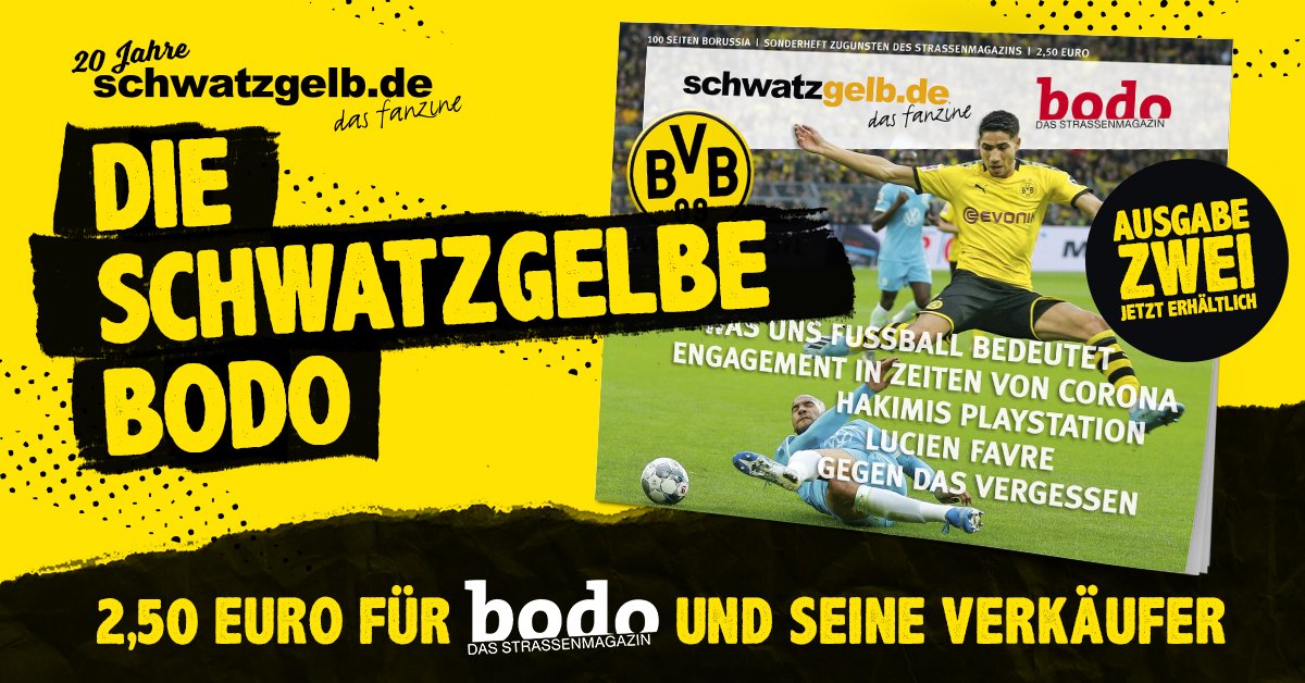 In Zusammenarbeit mit dem <a href="/BVB/">Borussia Dortmund</a> und <a href="/schwatzgelbde/">schwatzgelb.de</a> erscheint das Straßenmagazin bodo als digitale Sonderausgabe. Durch den Kauf unterstützt ihr die Arbeit des bodo e.V. und seine VerkäuferInnen, denen alle Einnahmen zugute kommen. schwatzgelb.de/artikel/2020/f…