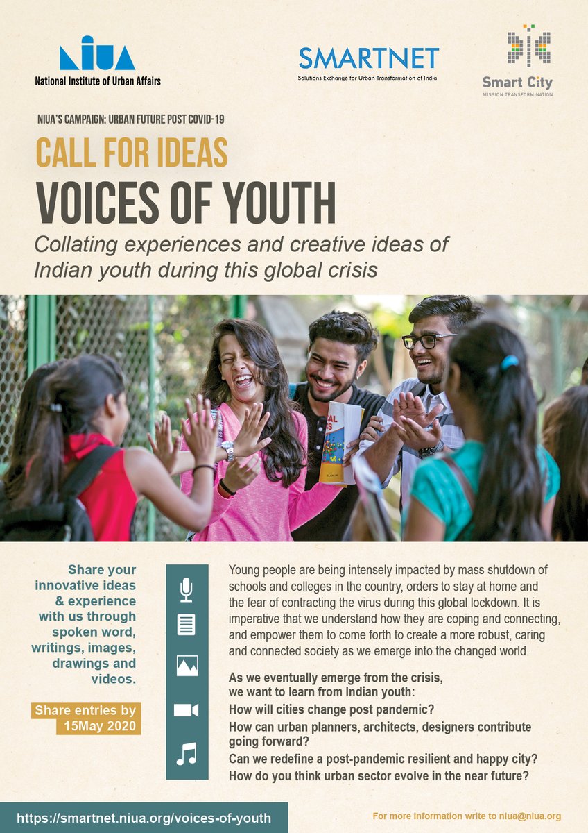 Call for Ideas

Voices of Youth

As we eventually emerge from the crisis, we want to learn, collate ideas &amp; experiences from Indian youth on coping &amp; connecting during this pandemic

Share it through spoken word, writings, images, drawings or videos

Link:smartnet.niua.org/voices-of-youth
