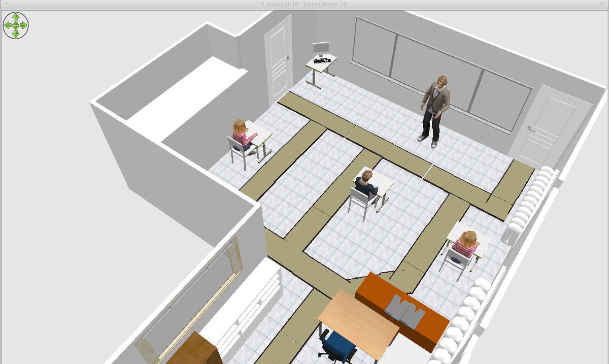 Linux_Alpes's tweet photo. Le logiciel libre @SweetHome3D  permet de préparer des plans de classe à l'échelle.
Par exemple, pour imaginer un placement de tables et un cheminement au sol sans croisements à moins d'un mètre. 
#COVID19 #Deconfinement #reprise #education #ecole #gestesbarrières https://t.co/ZhZz4KOWta