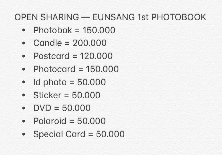 OPEN SHARING — EUNSANG 1st PHOTOBOOK

#YSGO
💰Check 2nd pict
‼️Harus fullslot atau sharing batal
✨Setiap pembelian akan dapat free gift dari YS

Order? DM!