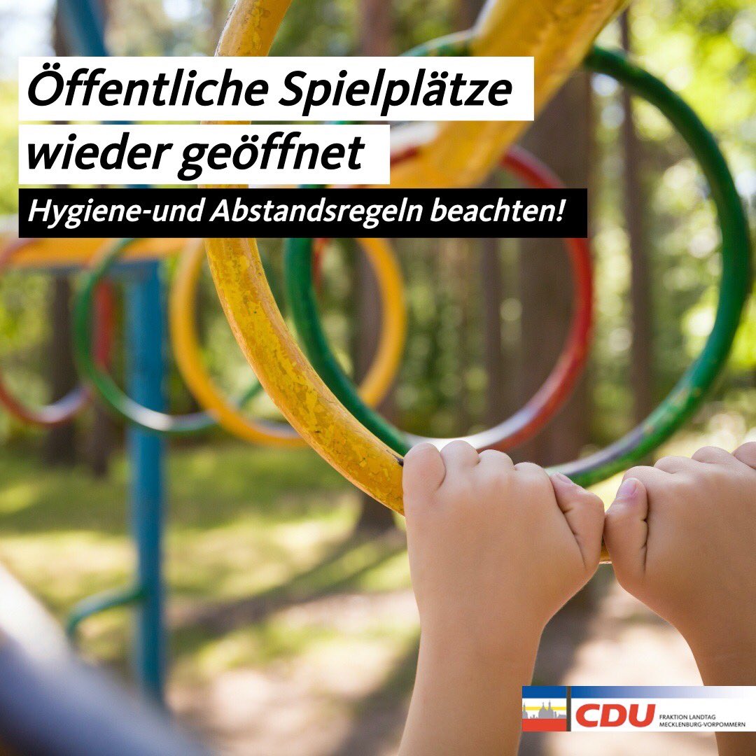 cdufraktionmv's tweet photo. Die Spielplätze in #MV sind wieder geöffnet. Achtet auf Hygiene- und Abstandsregeln und los geht‘s!
#spielen #toben #klettern #rutschen #buddeln #schaukeln #bauen #balancieren #laufen #hangeln #abseilen #turnen #drehen #springen #rennen #matschen #hüpfen #lachen https://t.co/gsrntDd6kX