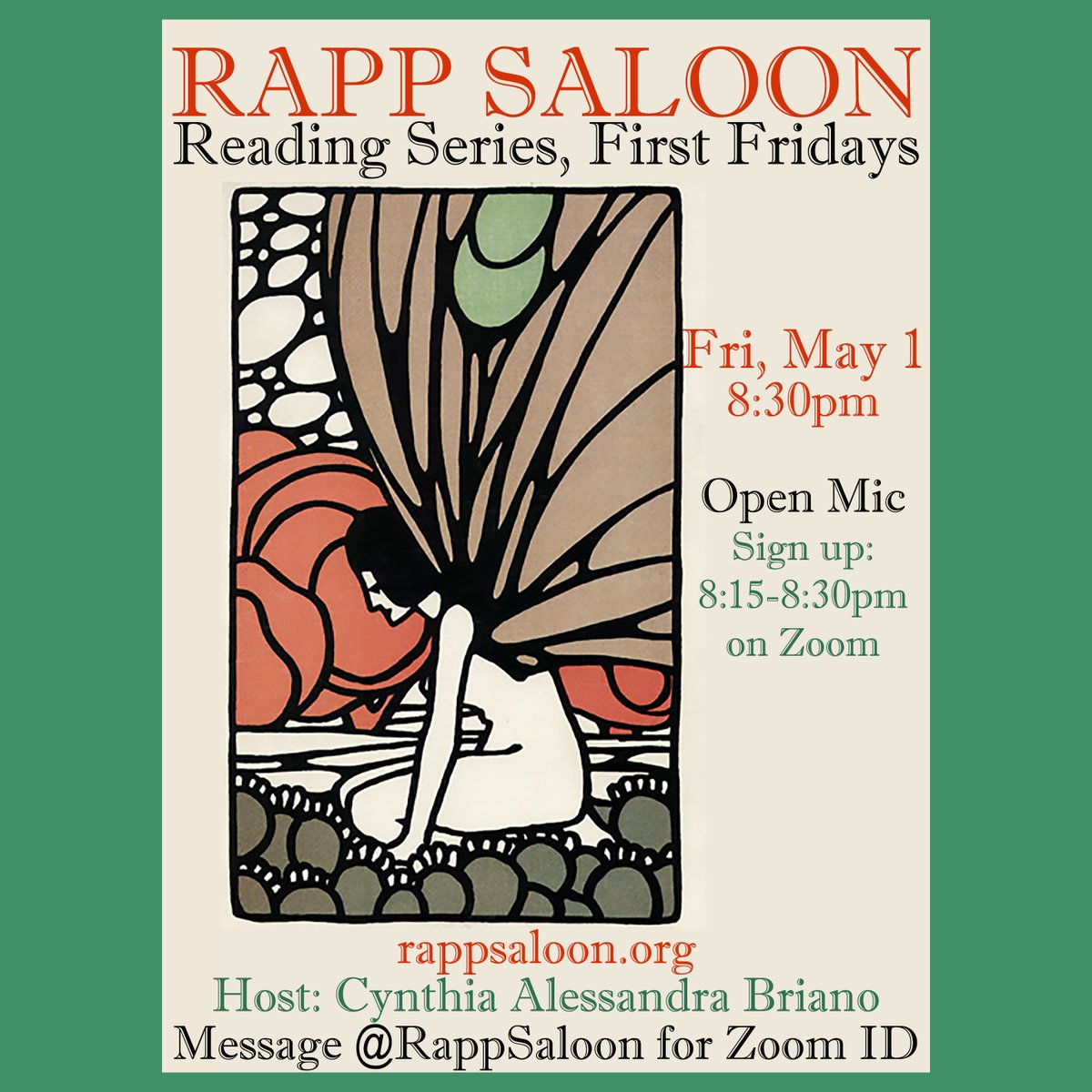 RappSaloon's tweet photo. @rappsaloon Reading Series First Fridays Virtual #OpenMic Fri May 1, 8:30pm (Sign-up 8:15-8:30pm) Message host @cynthiaabriano or @RappSaloon for Zoom ID. Recite, sing, share, listen. https://t.co/6ZHMmpkQGQ
#openmicla #musicopenmic #poetry #quarantine #quarantineart https://t.co/YWmxgrsPCU