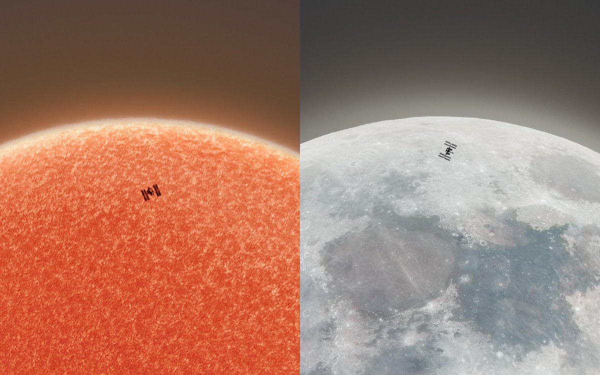 AJamesMcCarthy's tweet image. A close look at my two recent @Space_Station transit shots. You can see the lunar one is a bit sharper, partly due to the seeing conditions and partly due to the optics used. Will be capturing two more of these within the next few weeks. #astrophotography #space #nasa