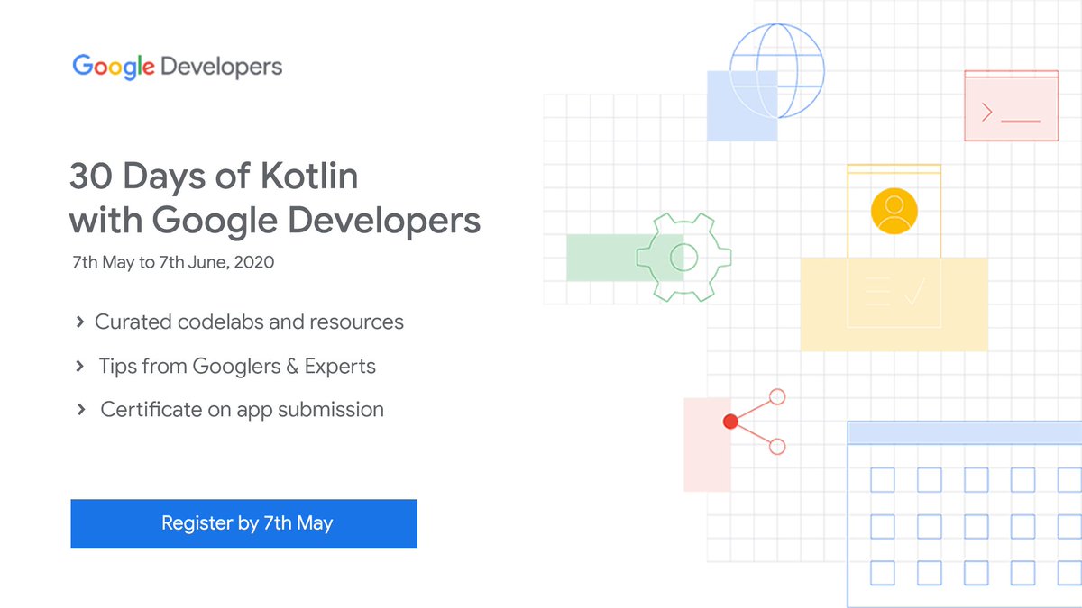 📢 Introducing #30DaysOfKotlin, an online initiative for aspiring 🇮🇳 developers to learn #Kotlin Gain theoretical & practical knowledge & learn to build an app using Kotlin. Submit an app at the end of 30 days & receive a certificate. Register now👉goo.gle/30DaysOfKotlin