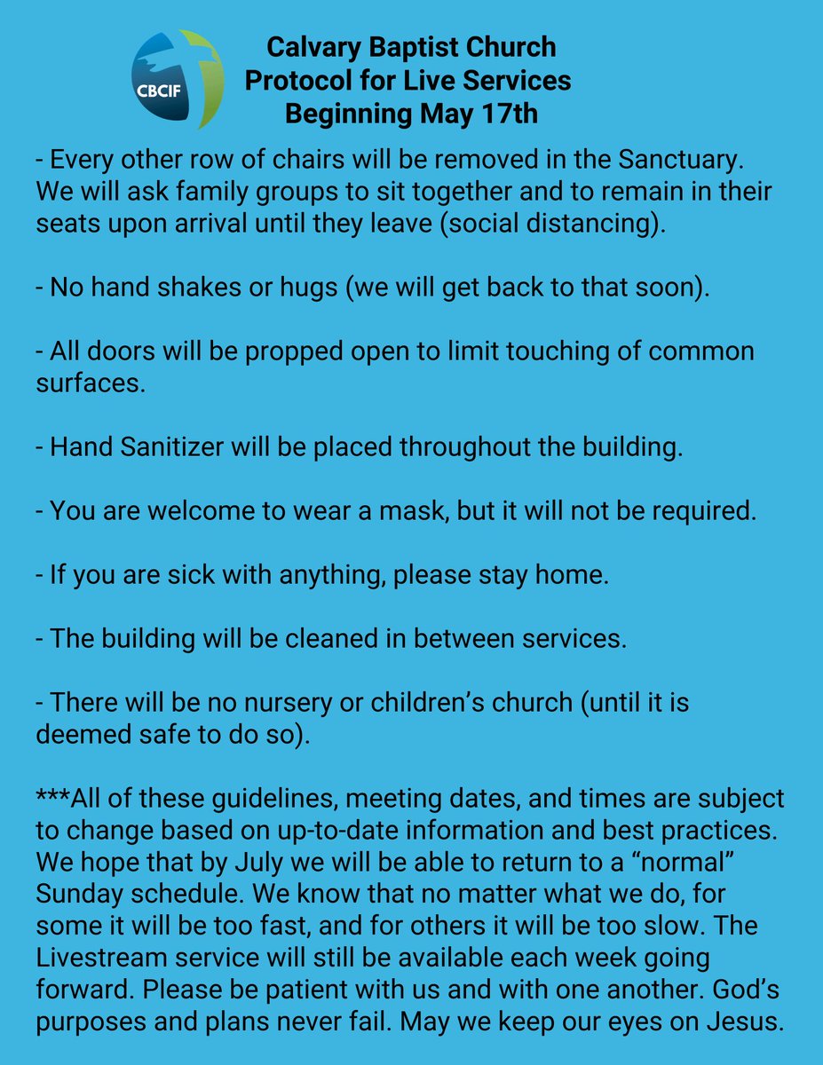 CBCidahofalls's tweet photo. We are excited to announce our plan to re-open CBC during the month of May. Please read carefully, and ask if you have any questions. We look forward to worshiping with you in person very soon. #CBCIF https://t.co/SLK1tFMQnq