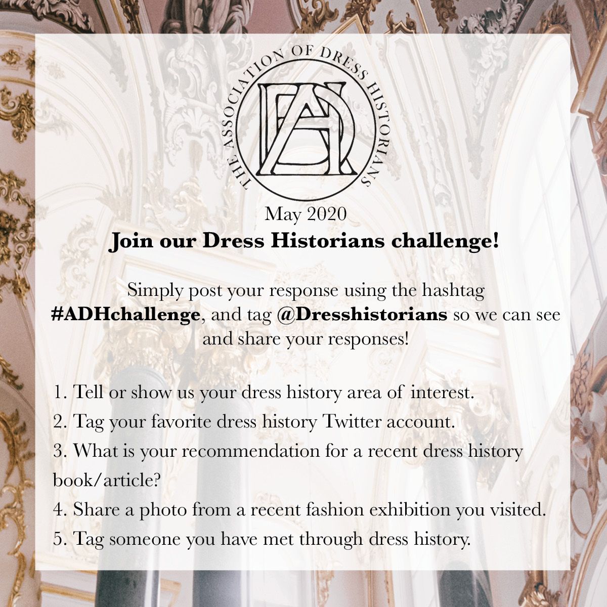 DressHistorians's tweet photo. To help our community connect during this hard time, join our Dress Historians challenge for the month of May! Post your responses each day (or when you can) from the challenge, use the hashtag #ADHchallenge and tag @DressHistorians so we can see and share your responses! https://t.co/MRE8SbL7Nh