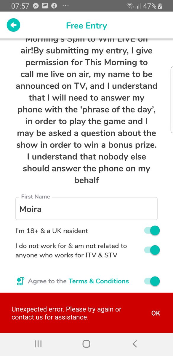 TechclubNPT's tweet photo. @thismorning @Schofe @hollywills 😢error trying to register on Spin to Win 😢💙 https://t.co/CcqOzdWxOM
