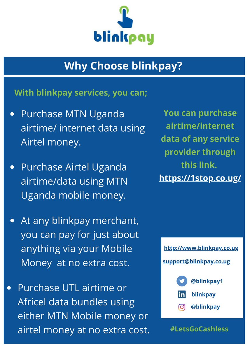 blinkpay1's tweet image. Buy Airtime/Data in #Uganda for any network using your regular network at no extra cost. Share your love with family &amp;amp; friends 
#mobilepaymentsystem, #mtnuganda, #airteluganda, #africellug, #CashlessPayments, #Letsgocashless