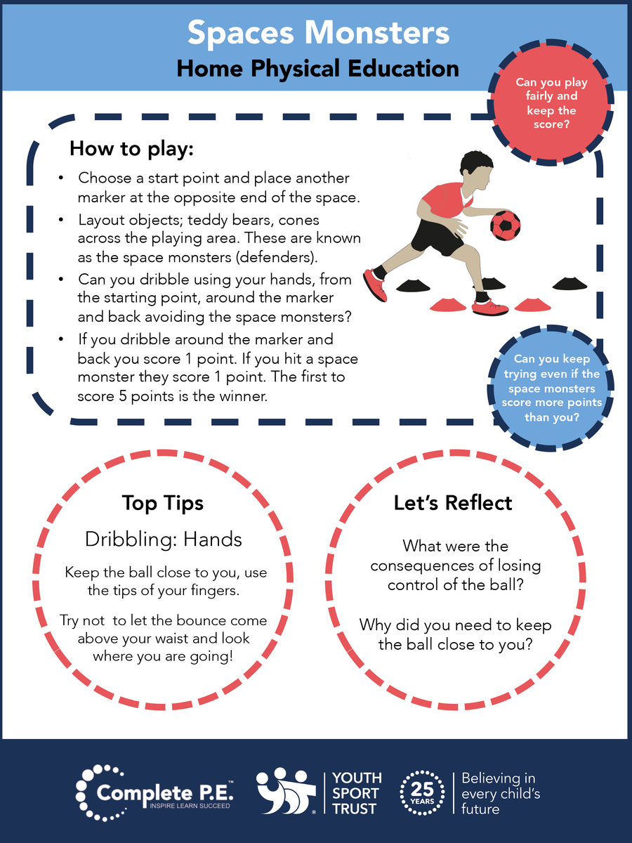YouthSportTrust's tweet photo. Check out our Space Monsters PE home learning activity! Can you dribble a ball and keep it close to you to avoid the space monsters? Find all our free home learning resources at: https://t.co/HgYUP6sf7Y @Complete_PE #StayHomeStayActive #StayInWorkOut https://t.co/6U3S6AqBeC