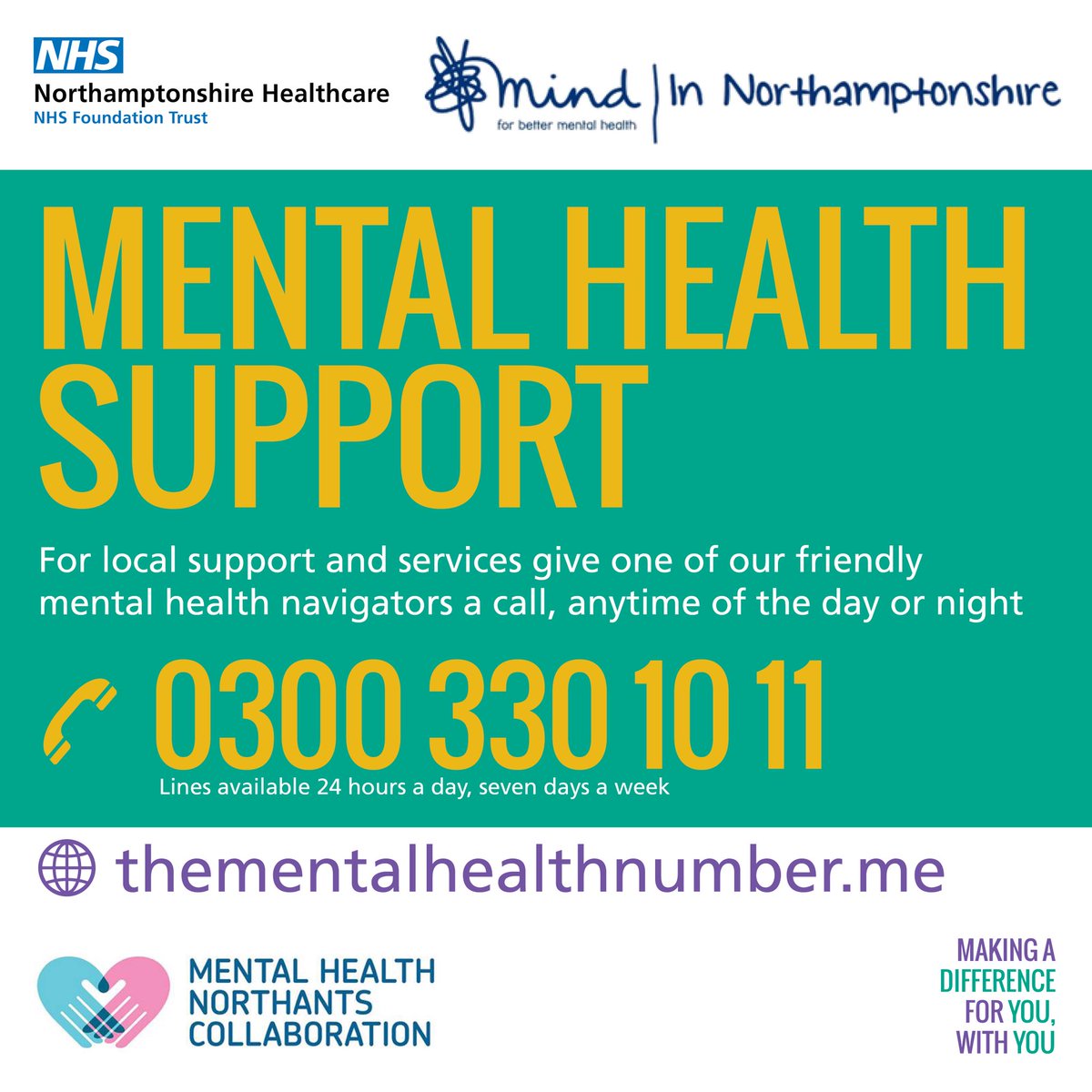 Northamptonshire has launched its very first Integrated Mental Health Response Hub - a 24/7 telephone support system for our community. You can get support from a helpful Mental Health Navigator by calling 0300 330 1011 #NorthantsTogether
