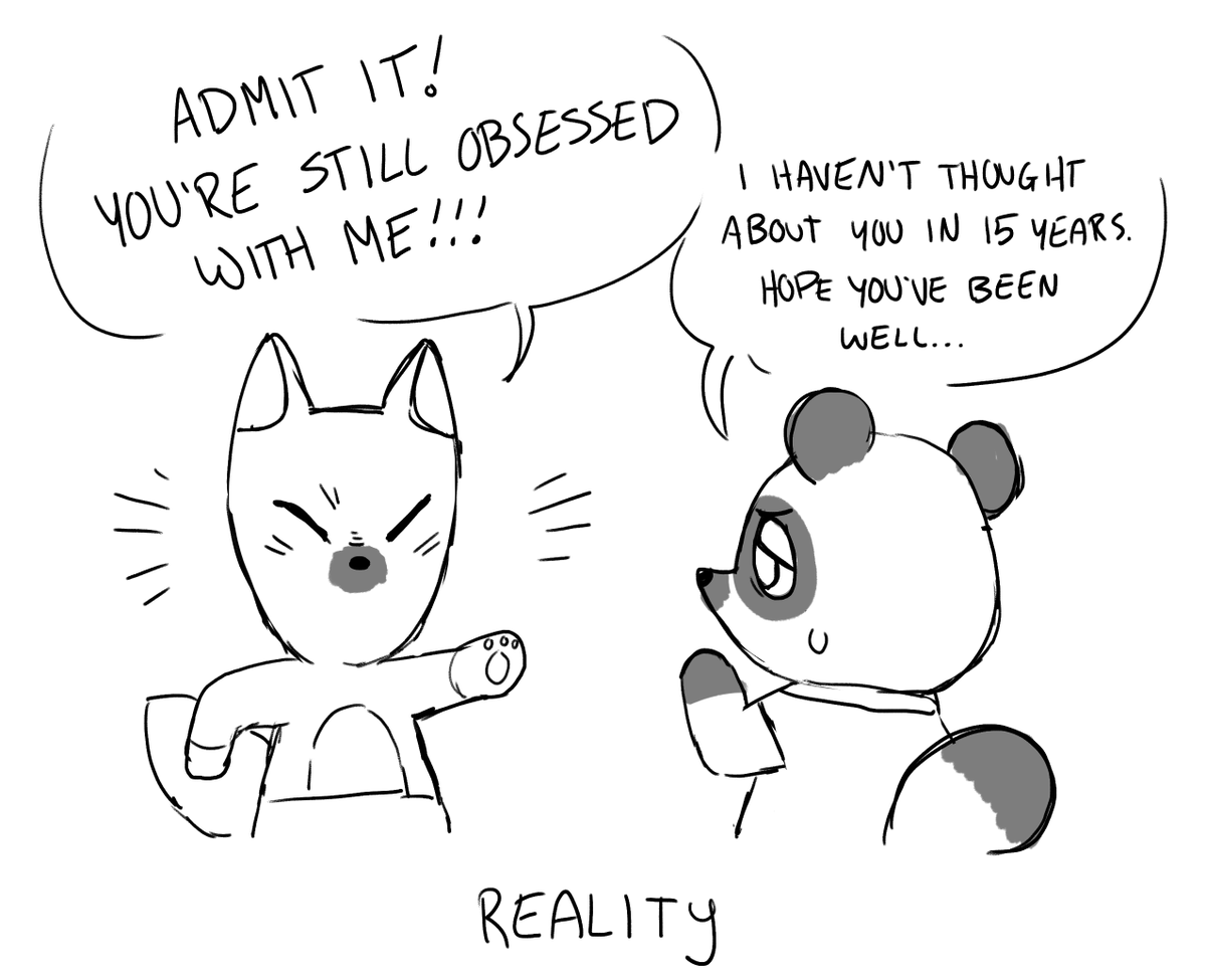 love the "bitter exes nook and redd" but i dont vibe with the common characterization so here's my take.

this can also be read as redd's expectations and reality of visiting the island. i think he just wants any attention from nook especially if its negative 