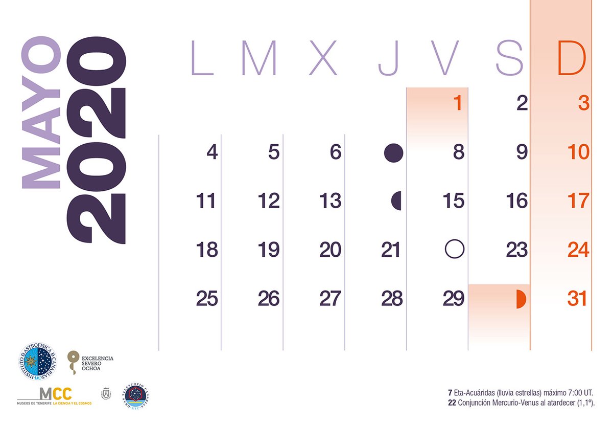 Estos son los eventos astronómicos que podremos ver este mes de MAYO:

Día 7:
- Eta-Acuáridas (lluvia de estrellas). Máximo a las 7:00 UT.

Día 22:
- Conjunción Mercurio-Venus al atardecer (1,1º).