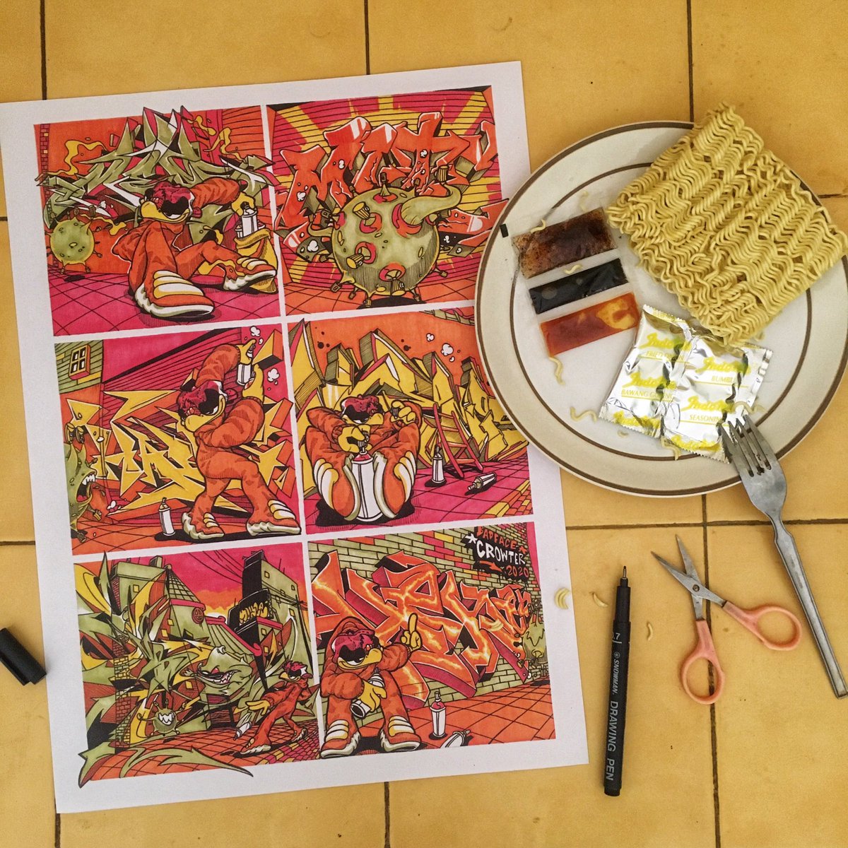 OkaSetsu's tweet photo. Demo sembako!! 
Ada mie, saus, kecap dan minyak goreng 
#maySKETCHday 
#yogyakartagraffiti
#badfacecrowter https://t.co/bkn7q2ZRrP