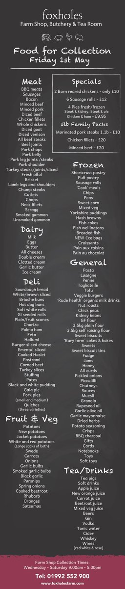 FoxholesFarm's tweet photo. We have a large selection of cooks frozen ready meals in stock, butchery family packs, joints of meat, veg/fruit/salad boxes, booze, cooked meats for all your weekend needs, just e.mail our team shop@foxholesfarm.com or call 01992 552900 open Friday &amp; Saturday.. 
#FridayFeelingl https://t.co/fqlaVQBZ6r