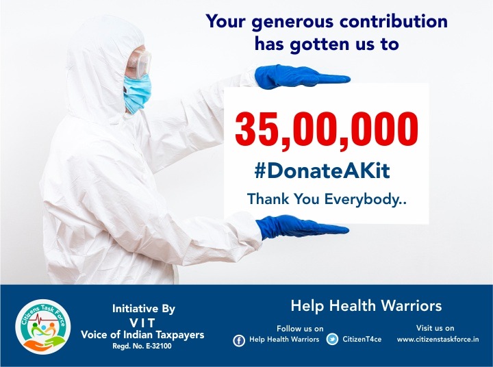 Thank you for your kind generosity to Help Health Warriors. We have successfully provided PPEs to hospitals, Police force all over Maharashtra thanks to your benevolence.We have reached Rs 35 lakhs thanks to visionaries like yourself. We will continue to be dedicated to cause