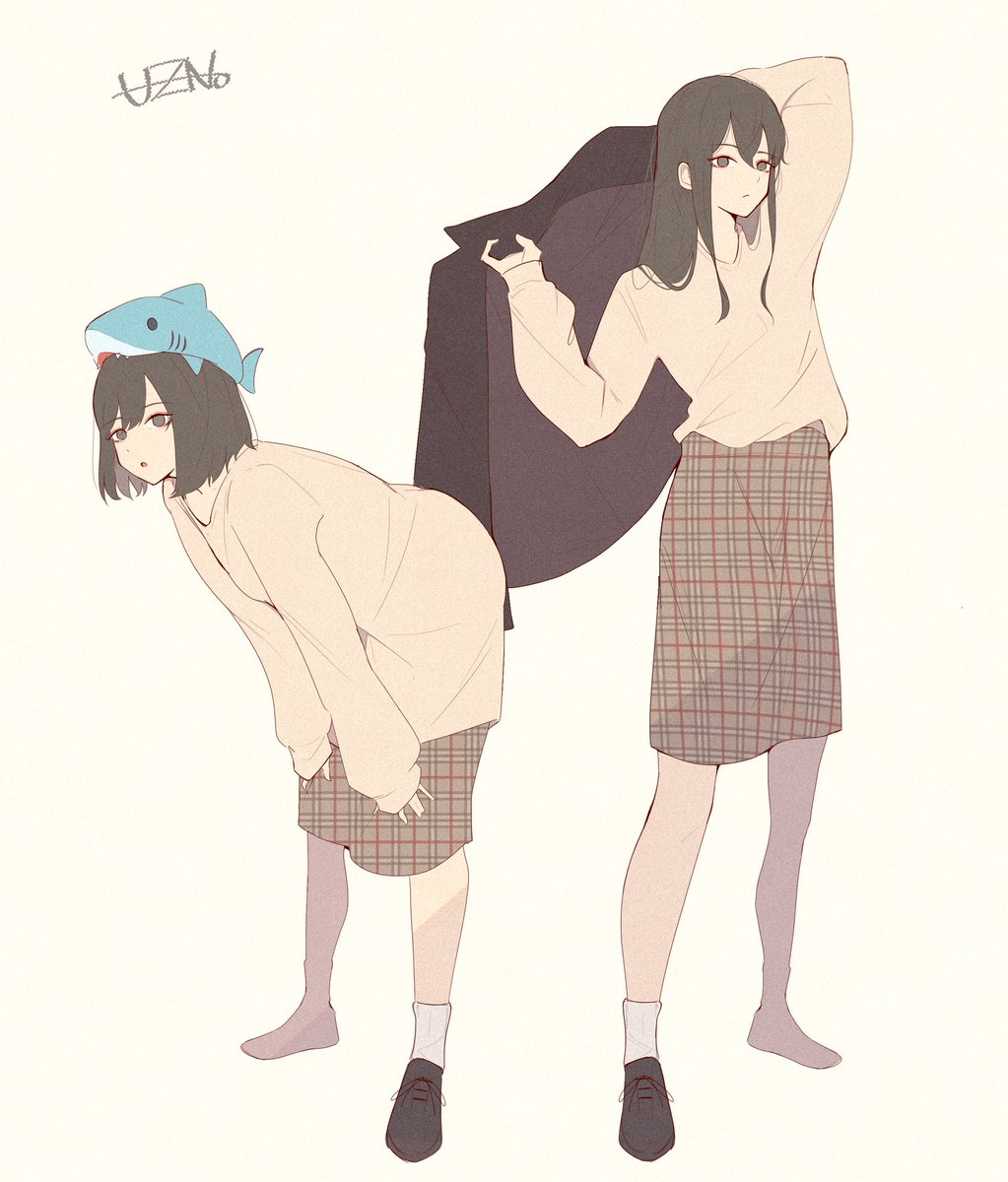 multiple girls 2girls skirt black hair socks plaid long hair  illustration images