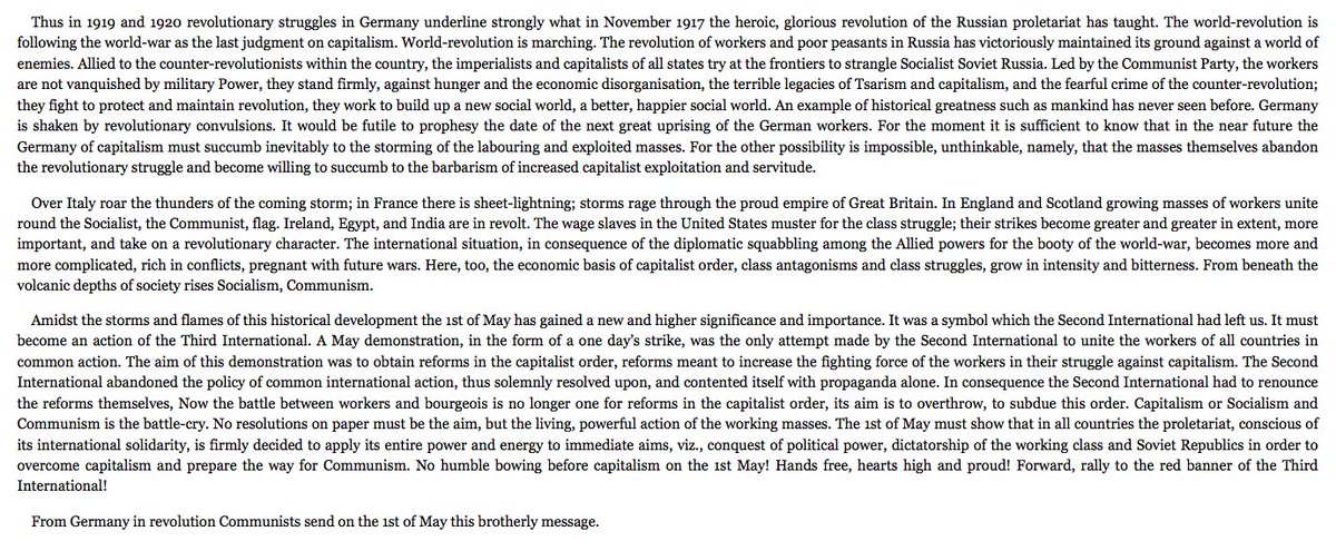 Solidarity to comrades on May Day! Here are some voices from 1 May 1920, 100 years ago today. In a world just as convulsed by capitalism's many plagues, if not more. Here's what Marxist Clara Zetkin wrote from Germany. Printed in The Call, journal of the British Socialist Party.