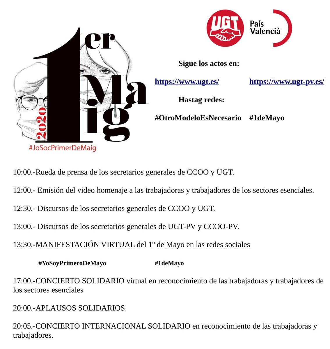 <a href="/UGTPV/">UGT País Valencià</a> <a href="/UGT_Comunica/">UGT</a> 
Muchas gracias a las trabajadoras y a los trabajadores de los servicios esenciales por estar al frente para prestarnos los servicios necesarios a todas y a todos. 
#OtroModeloEsNecesario