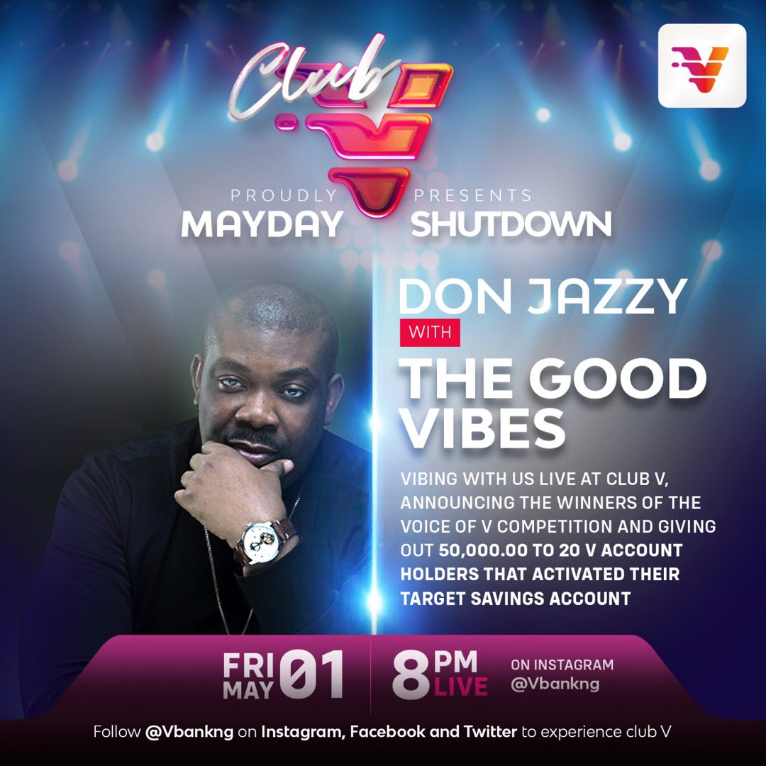 Tonight we rendezvous at #ClubV. Follow @vbankng to party with us. I will be giving out all the winning prices at the #ClubV live party tonight. #BankWithV