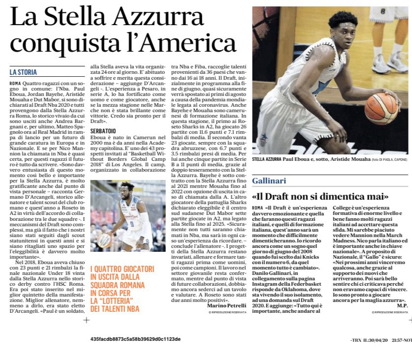 StellaAzzurraRm's tweet photo. Stella goes to 🇺🇸. L’intervista de @ilmessaggeroit a @germadarc 🎙🗞 #Draft #NBA 
•
#stellanation #talentaintenough @paul_eboua #mabor #bayehe #mouaha https://t.co/3aGm6GIUO6