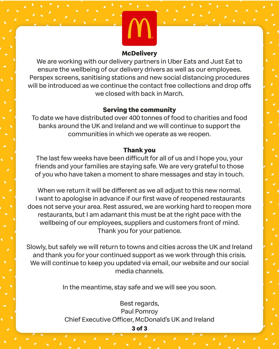 McDonaldsUK's tweet photo. An update on our reopening plans. https://t.co/WuDndd2HGx