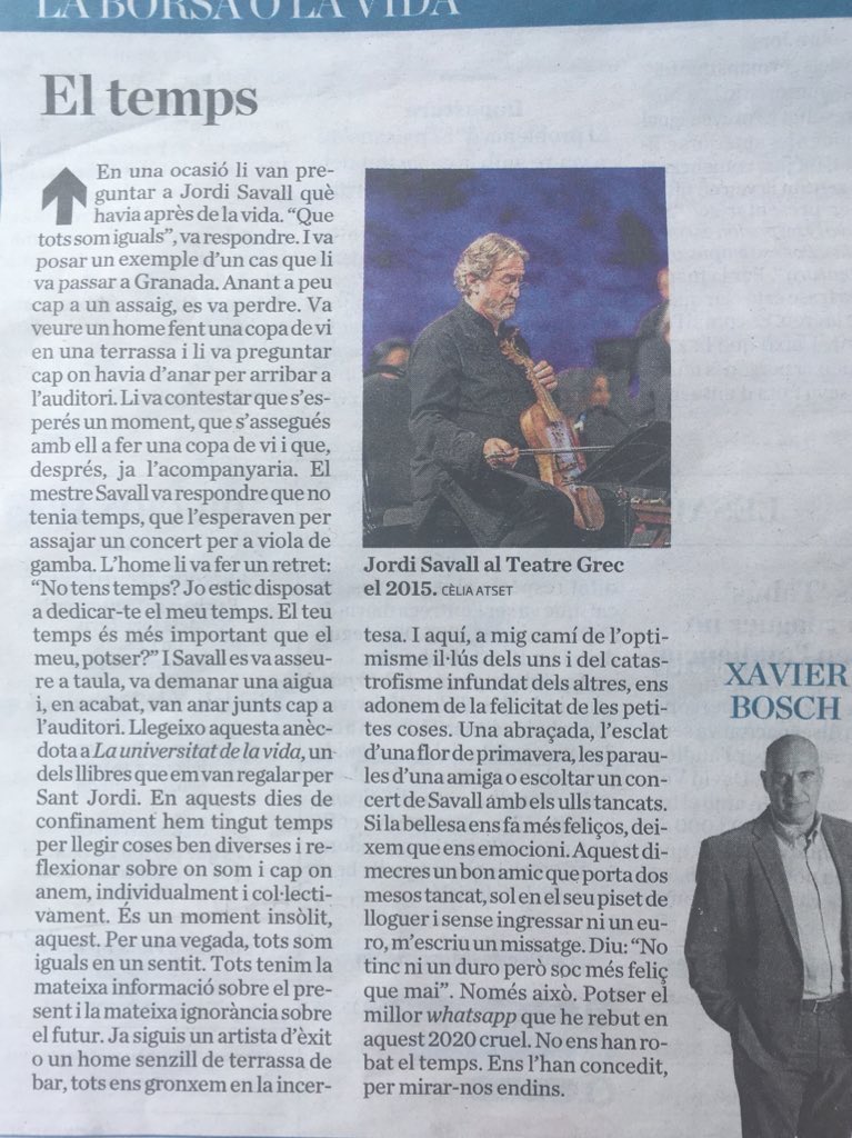 Després de dies sense diari, avui  el tinc a les mans i llegeixo això i m’emociono. “No ens han robat el temps. Ens l’han concedit, per mirar-nos endins”. Gràcies! <a href="/xavierbosch/">Xavier Bosch</a> <a href="/diariARA/">diariARA</a>