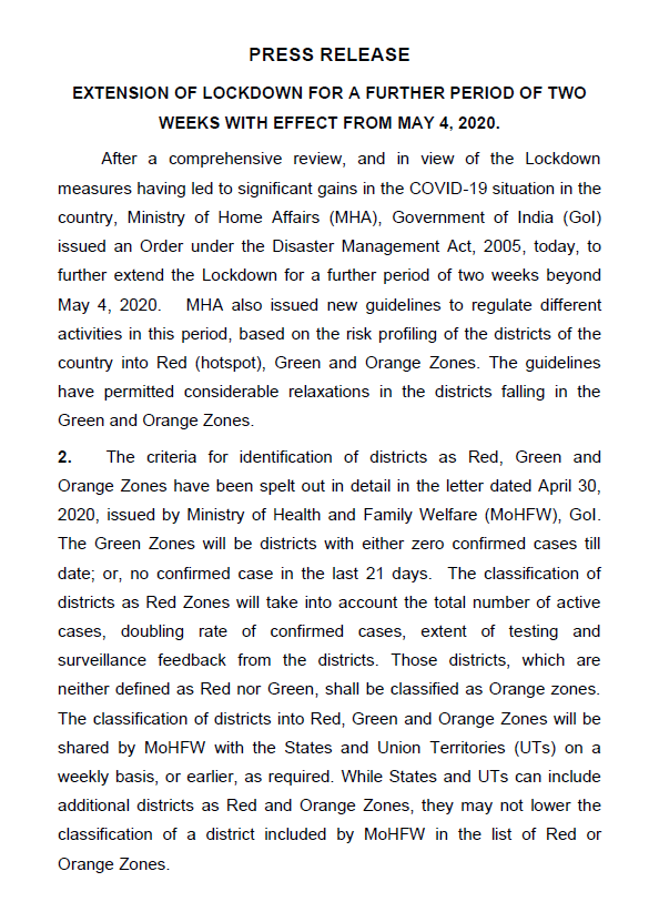 ANI's tweet photo. Ministry of Home Affairs has issued an order under the Disaster Management Act, 2005 to further extend the #lockdown for a further period of two weeks beyond May 4 https://t.co/o0ubQUx9m3