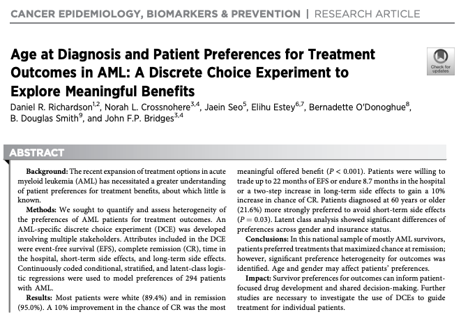 danielrich21's tweet photo. Now out in @CEBP_AACR. Age at Diagnosis and Patient Preferences for Treatment Outcomes in AML: A Discrete Choice Experiment to Explore Meaningful Benefits. #AML #leusm #patientexperience @UNC_Lineberger  @corp_UNC @AACR @jfpbridges

https://t.co/mB07UcmM4K 
Comments to follow 1/ https://t.co/udf8P7K88M