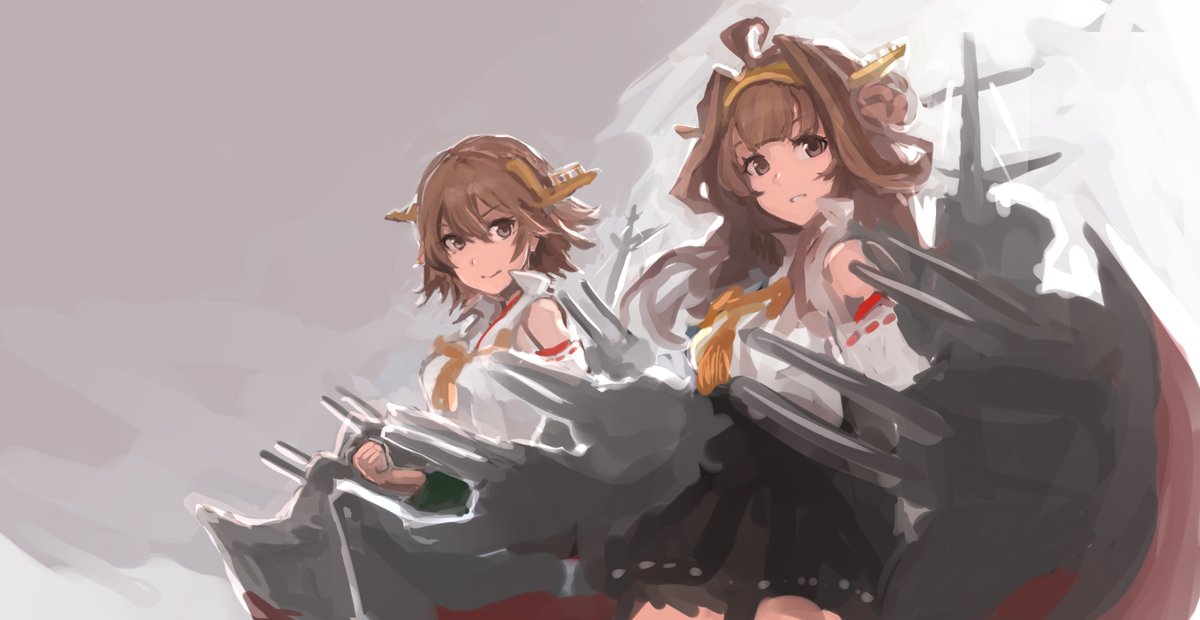 hiei (kancolle) ,kongou (kancolle) multiple girls brown hair 2girls long hair headgear ahoge short hair  illustration images