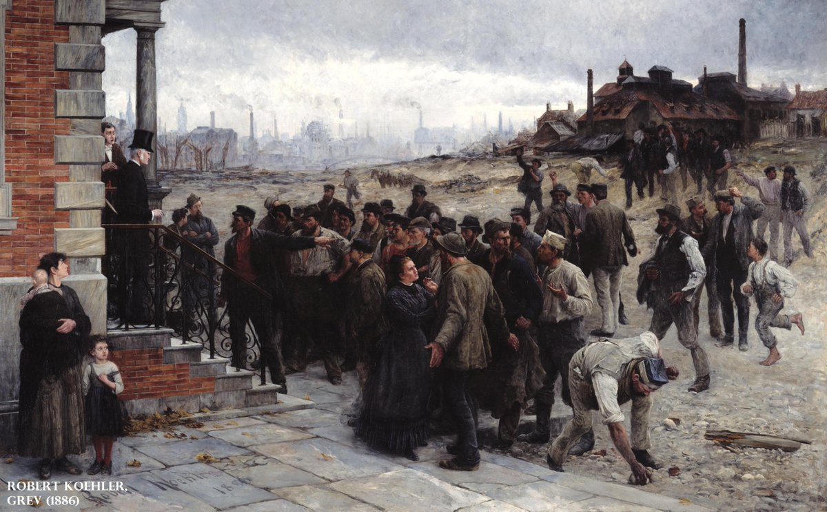 Robert Koehler, GREV

 Merdivenlerin üzerinde hiyerarşiyi temsilen yukarıda çizilen silindir şapkalı kişi fabrika işverenidir.Bir grup işçi ile hak talepleri için görüşmekte. İşverenin villası ile arka planda bulunan yıkık evler ve fabrikalar ortamın gerginliğini çevreye yaymış.+