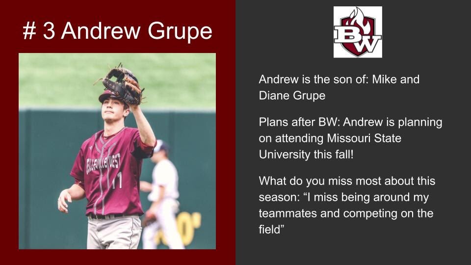 Maroon_Baseball's tweet photo. ⚾️⚾️Senior Spotlight- RHP Andrew Grupe! Congratulations on a great career and good luck in the future!! ⁦@BWestAthletics⁩ @MaroonWay201 #2020 #seniorDay ⁦@GrupeAndrew⁩ https://t.co/9HQKPZ0bmk