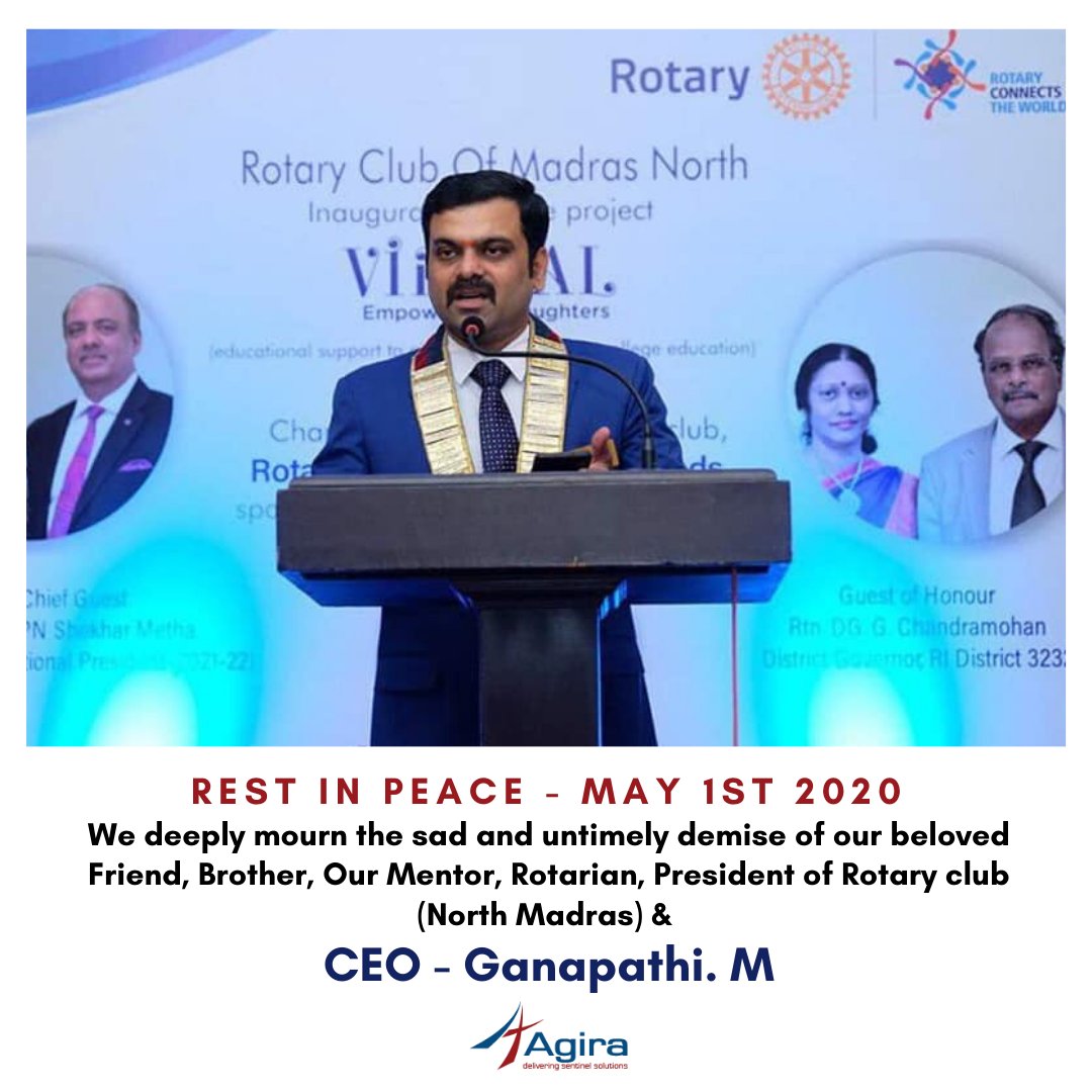 We deeply mourn the sad demise of our beloved Friend, Brother, Our Mentor, Rotarian, President of Rotary club (North Madras) &amp;  CEO - Ganapathi.M  Funeral to be held at the residence on 2nd May 2020 at 3B, Custom Colony, Besant Nagar, Chennai- 90.  Time: 10:30 am 
#Onbehalfof