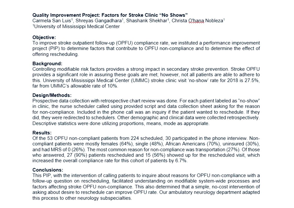 UMMC Neurology Residency Program (@ummc_neurores) on Twitter photo PGY-4 resident Dr. Carmela San Luis <a href="/ceevee1481/">Carmela Villanueva</a> describes her #qualityimprovement project enlisting the factors for āNo Showsā in #stroke clinic <a href="/UMMCNeuro/">UMMC Neuro Institute</a>
3/ PGY-4 resident Dr. Carmela San Luis <a href="/ceevee1481/">Carmela Villanueva</a> describes her #qualityimprovement project enlisting the factors for āNo Showsā in #stroke clinic <a href="/UMMCNeuro/">UMMC Neuro Institute</a>
3/