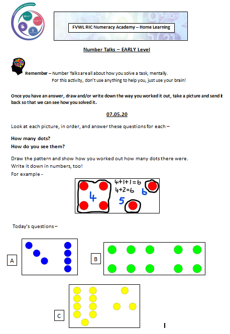 FVWLricNumerac1's tweet photo. Number Talks-Early Level-07.05.20 Good Morning! We would love to see your solutions to today's NT - send us a picture of your work! #homelearning #numbertalks https://t.co/9H61AFGpzM