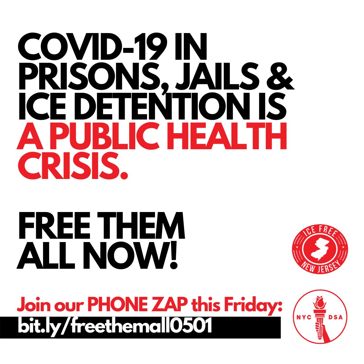 Everyone in @ICEgov detention, prisons & jails are at high-risk of getting #Covid_19. To stop this health crisis, NY & NJ must #FreeThemAll.

Join @ICEfreeNJ & @nycDSA for a phone zap ☎️⚡️today at noon

bit.ly/freethemall0501
