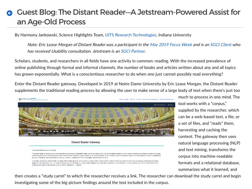 sciencegateways's tweet photo. Harmony Jankowski (UITS RT @iu_pti) wrote a guest blog about SGCI client & #GatewayFocusWeek participant @ericleasemorgan who developed @ReaderDistant gateway. Find out what the gateway offers readers & how @jetstream_cloud powers it. https://t.co/Pf731obtql @NDLibraries https://t.co/Rst4LWrTW3