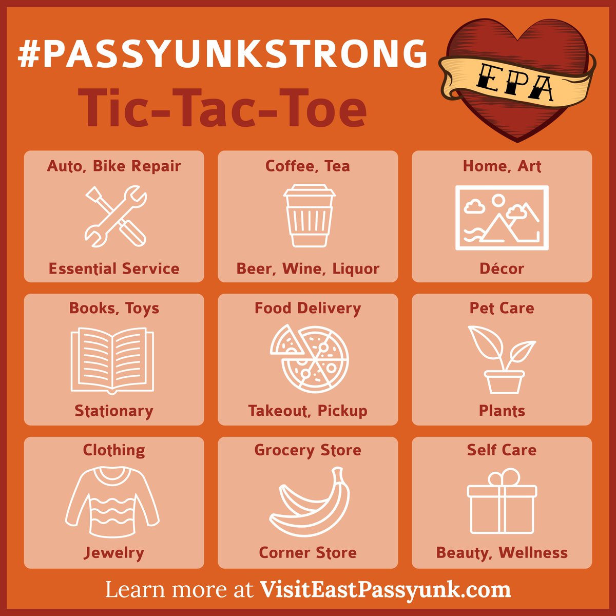 EPassyunkAve's tweet image. For the month of May, play #PassyunkStrong Tic-Tac-Toe! Make 3 purchases at a business, show us the receipts and be entered in a raffle to win prizes.
Now more than ever #EastPassyunk businesses need your support. Shop local to make a world of difference.
visiteastpassyunk.com/events/passyun…