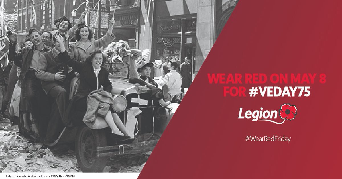 On May 8, Join The Royal Canadian Legion in remembering #VEDay75 by posting a photo of yourself wearing red online. Together, we will show that #CanadaRemembers. #WearRedFriday