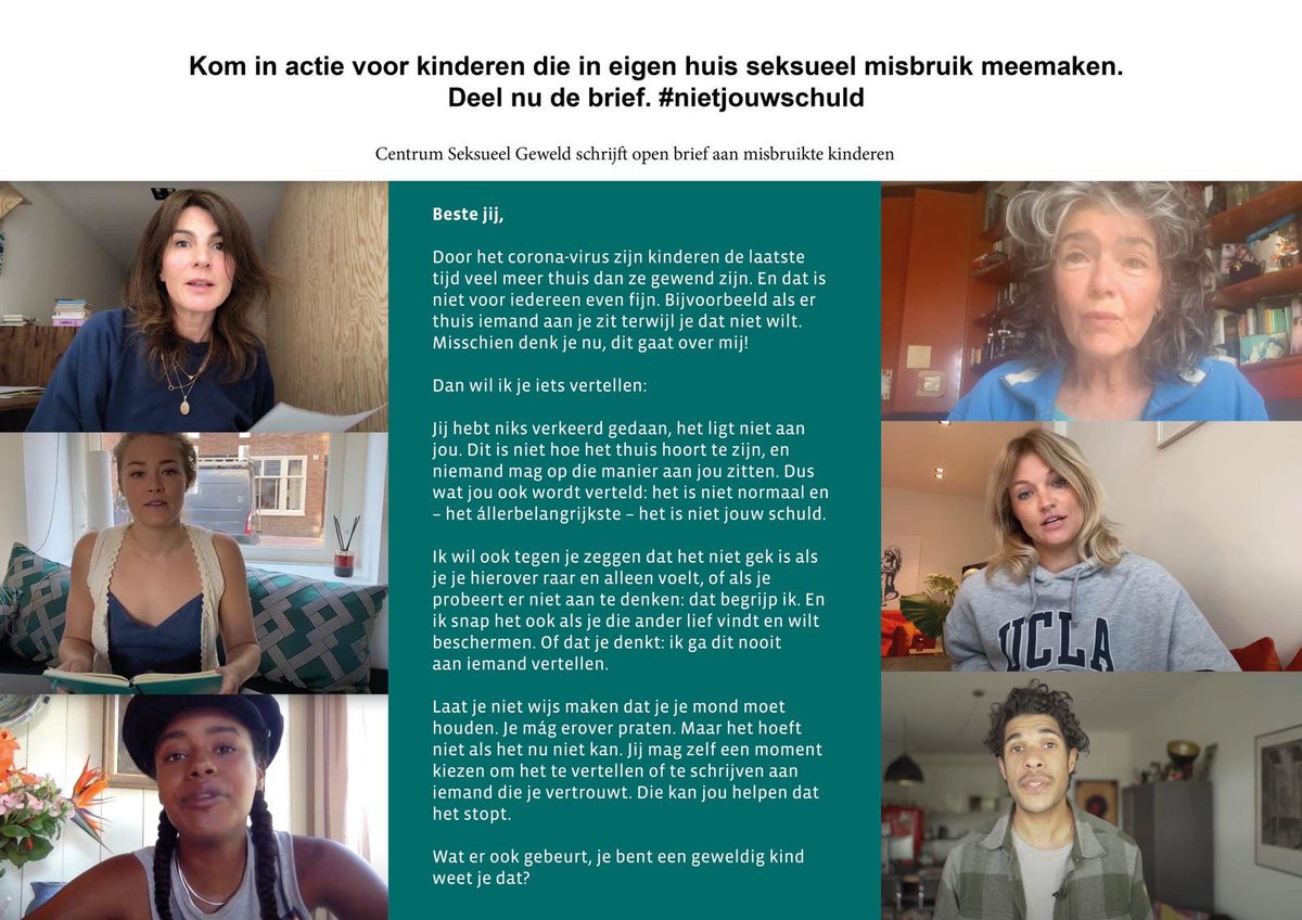 Beste <a href="/hugodejonge/">Hugo de Jonge</a> deze brief - gericht aan kinderen die in hun eigen huis worden misbruikt - is samengesteld door mensen die als kind hetzelfde hebben meegemaakt en wordt voorgelezen door bekende Nederlanders. Hoe krijgen we deze brief bij deze kinderen?
nietjouwschuld.nl