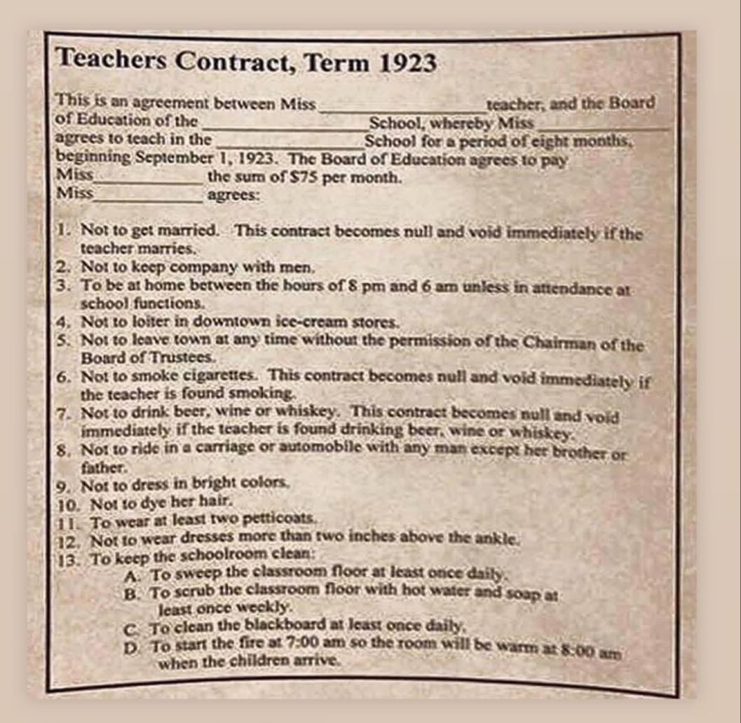 4) Society rules were much different back then.And much stricter if it came to a woman's sexuality. Female teachers in 1923 weren't allowed to "keep company with men" for example.Just read this