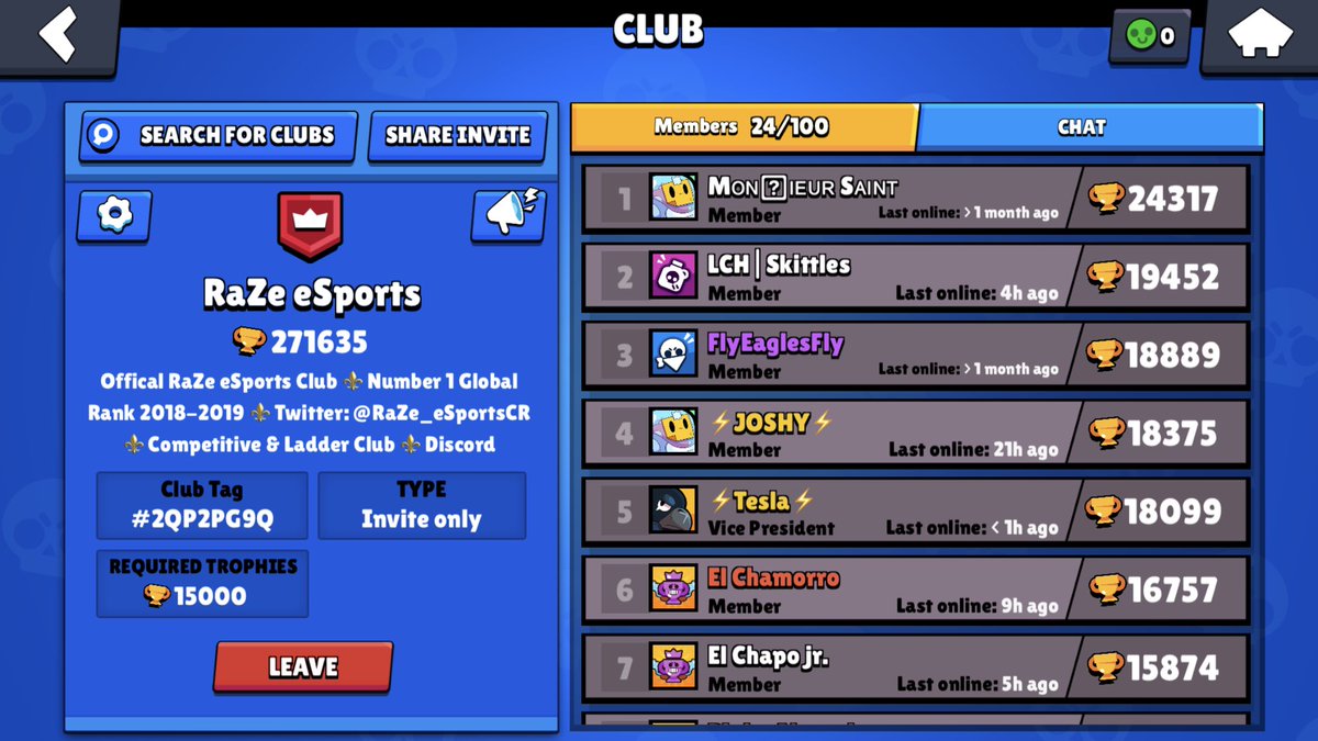 RaZe Esports is returning into Brawl Stars! 

Recruiting:
15K+ 🏆
Leaders
Competitive Players

If you’re interested feel free to request or DM us any questions you may have 👀 #RaZeTheBar