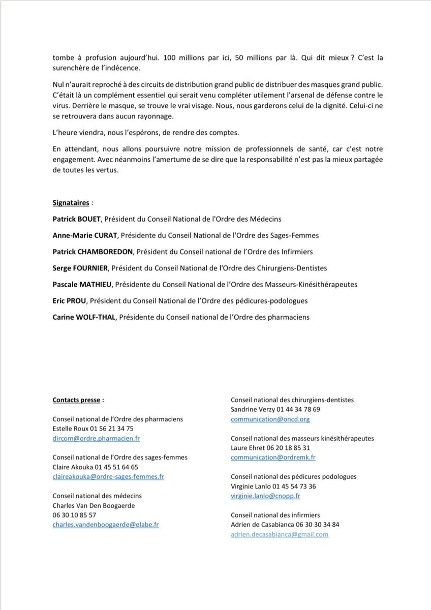 [#Covid_19] Les masques tombent! <a href="/OrdreInfirmiers/">Ordre National des Infirmiers</a> <a href="/ordre_medecins/">Ordre des Médecins</a> <a href="/Ordre_Pharma/">Ordre national des pharmaciens</a> <a href="/cnomk/">Ordre des masseurs-kinésithérapeutes</a> @ONCD9 <a href="/CNOSF/">Ordre sages-femmes</a> et l’ordre national des #pédicures #podologues publient un communiqué commun sur la distribution des #masques. ⬇️
#SoutienAuxSoignants