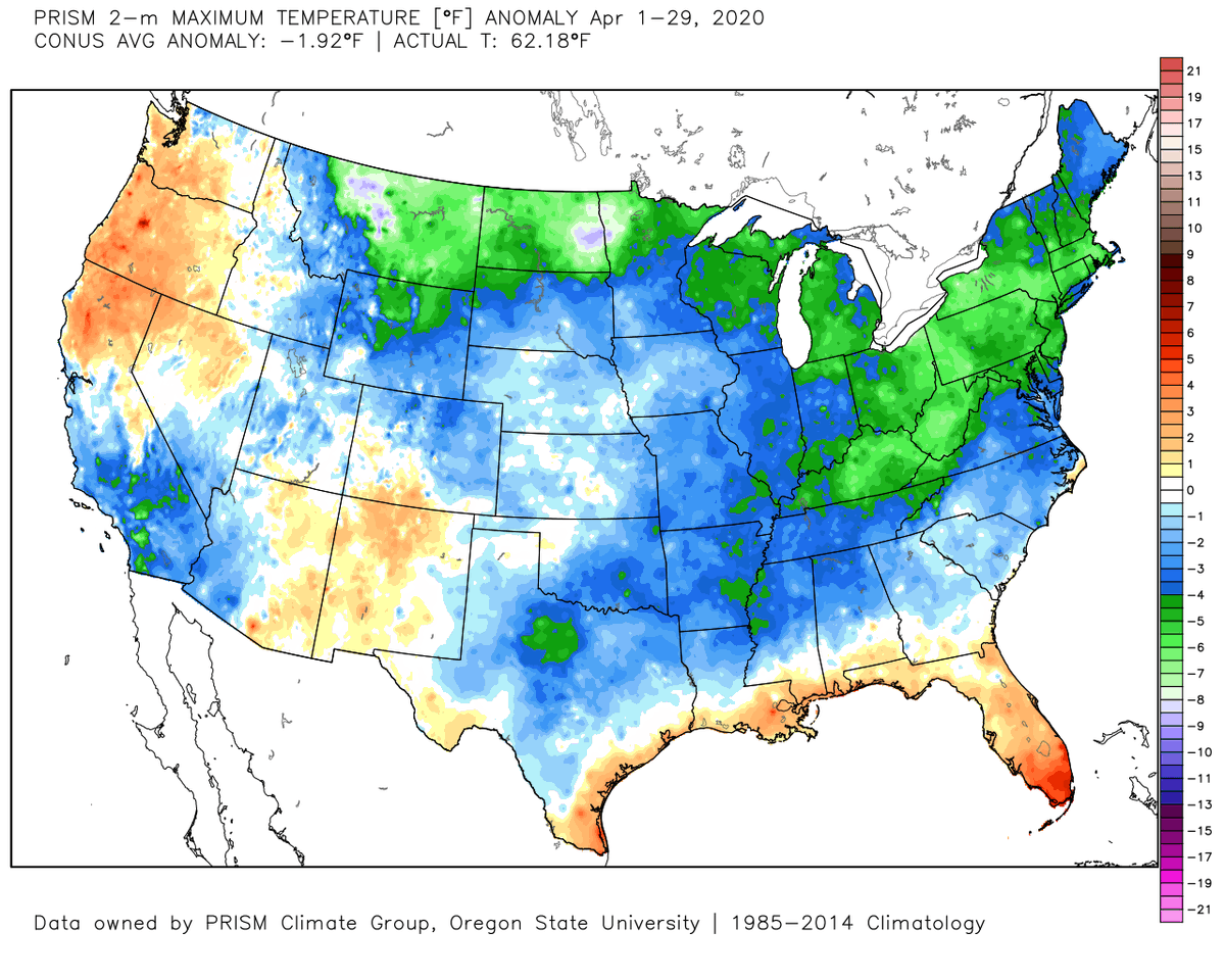 BeauDodson's tweet photo. #tristatewx #weather #impressive #cool #wxtwitter #weatherbell Wow.  Check out April's temperature anomaly maps.  High, min, and average.  This is an impressive set of images.  Below normal temps over a wide area.  WeatherBell images. https://t.co/T8lbXksJSr