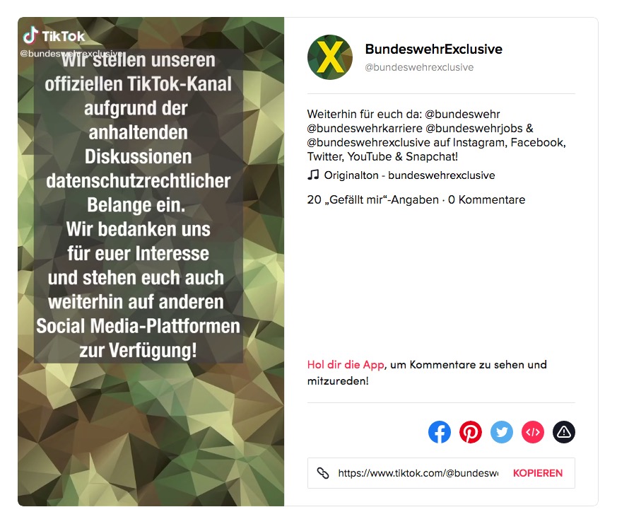 Axel Lier ✏️ (@reporter_flash) on Twitter photo Nach großer Kritik (auch aus meinem Haus) am TikTok-Kanal der <a href="/bundeswehrInfo/">Bundeswehr</a> ist jetzt Schluss: Aufgrund „datenschutzrechtlicher Belange" wird die Plattform eingestampft. THREAD Nach großer Kritik (auch aus meinem Haus) am TikTok-Kanal der <a href="/bundeswehrInfo/">Bundeswehr</a> ist jetzt Schluss: Aufgrund „datenschutzrechtlicher Belange" wird die Plattform eingestampft. THREAD